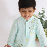 LaDeeDa Green Kurta With Bee Hive Embroidery With Off White Pyjama For Boys