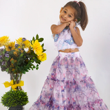 LaDeeDa Purple Silk Halter Blouse With Threadwork And Cutwork Butterflies With Printed Layered Organza Lehenga For Girls