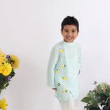 LaDeeDa Mint Green Kurta With Embroidered Panel And Cutwork Fish With Side Opening And Pyjama For Boys