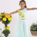LaDeeDa Blue Silk Top With Cutwork Lemons And Sequence Embroidered With Embellished Organza Lehenga For Girls