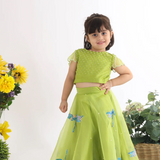 LaDeeDa Green Top With Pearl Embellishment And Organza Lehenga With Embroidered Dragonflies And Pearls For Girls
