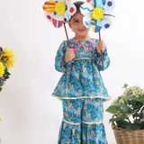 LaDeeDa Dark Blue Floral Top With Floral Sequence Embroidery And Sharara In Printed Muslin For Girls