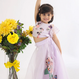 LaDeeDa Purple Silk Top With Floral Cutwork And Hydrengia Handwork With Floral Cutwork Organza Lehenga For Girls