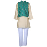Rang Beige & Green Embroidered Nehru Jacket Kurta Pyjama Set