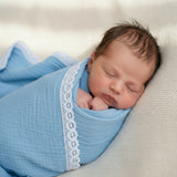 Organic Muslin Baby Swaddle/Blanket With Lace | Soft Blue Snuggle Wrap