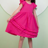 Mamarill Girls Pink Petal Dress Features A Bright Pink Hue Ruffled Sleeves