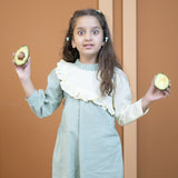 Mamarill Girls A Sweet And Stylish Mint Green Dress With Elegant Cream Detailing.