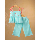Casa Ninos Sea Blue Embroided Kota Doriya Co-Ord Set
