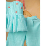 Casa Ninos Sea Blue Embroided Kota Doriya Co-Ord Set