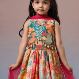 Casa Ninos Muslin Multicolour Top And Layered Lengha Set With Dupatta