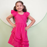 Mamarill Girls Pink Petal Dress Features A Bright Pink Hue Ruffled Sleeves