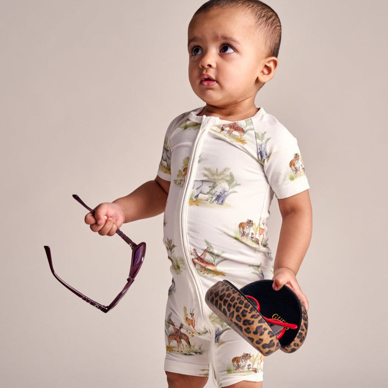 Bubz Bamboo Baby Romper - Soft Breathable Two-Way Zip - Indian Safari