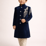 Sehmat Couture Wolf Motif Hand Embroidered Navy Blue Kids Sherwani