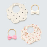 LSB 2PCS Bow & Bunny Print Petal style muslin Bibs Set with Bow rubber band, Muslin Adjustable Button Closure & Wide Shoulder Size Bibs