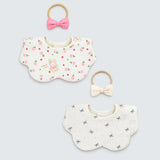 LSB 2PCS Bow & Bunny Print Petal style muslin Bibs Set with Bow rubber band, Muslin Adjustable Button Closure & Wide Shoulder Size Bibs