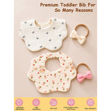LSB 2PCS Bow & Bunny Print Petal style muslin Bibs Set with Bow rubber band, Muslin Adjustable Button Closure & Wide Shoulder Size Bibs