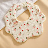 LSB 2PCS Bow & Bunny Print Petal style muslin Bibs Set with Bow rubber band, Muslin Adjustable Button Closure & Wide Shoulder Size Bibs