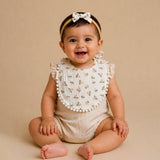 LSB 2PCS Set Floral Soft Muslin Adjustable Lace Tie-Up Bibs with Matching Bow Hair Tie