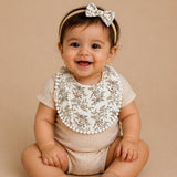 LSB 2PCS Set Floral Soft Muslin Adjustable Lace Tie-Up Bibs with Matching Bow Hair Tie