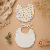 LSB 2PCS Set Floral Soft Muslin Adjustable Lace Tie-Up Bibs with Matching Bow Hair Tie