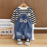 Black Mad Ted Dungaree with Stripes T-shirt, 2 Pcs Clothing Set For Toddlers And Kids