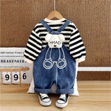 Black Mad Ted Dungaree with Stripes T-shirt, 2 Pcs Clothing Set For Toddlers And Kids