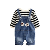 Black Mad Ted Dungaree with Stripes T-shirt, 2 Pcs Clothing Set For Toddlers And Kids