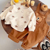 Cream Baseball Bear Dungaree with tshirt, 2 Pcs Clothing Set For Toddlers And Kids