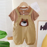 Brown stripes tee with Khakhi Bear Dungaree, 2 Pcs Clothing Set For Toddlers And Kids