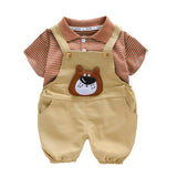 Brown stripes tee with Khakhi Bear Dungaree, 2 Pcs Clothing Set For Toddlers And Kids