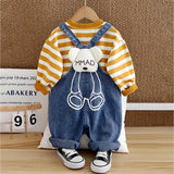 Mustard MadTed Dungaree with Stripes T-shirt, 2 Pcs Clothing Set For Toddlers And Kids