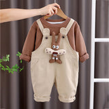 Olive Brown 3D Animal Dungaree with Brown T-shirt, 2 Pcs Clothing Set For Toddlers And Kids