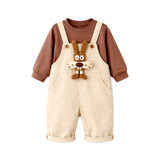 Olive Brown 3D Animal Dungaree with Brown T-shirt, 2 Pcs Clothing Set For Toddlers And Kids