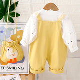 Yellow Duck Dungaree with White Frill T-shirt, 2 Pcs Clothing Set For Toddlers And Kids