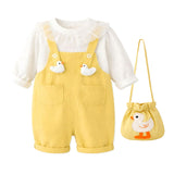 Yellow Duck Dungaree with White Frill T-shirt, 2 Pcs Clothing Set For Toddlers And Kids