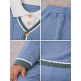 2 Pcs Blue Green Border Winter Knit Cardigan & Pants with Beret Cap for Infants