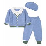 2 Pcs Blue Green Border Winter Knit Cardigan & Pants with Beret Cap for Infants