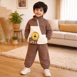 Brown Crew Neck 3D Lion , Fleece winter Tracksuit Set for Kids