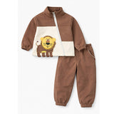 Brown Crew Neck 3D Lion , Fleece winter Tracksuit Set for Kids