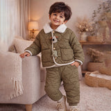 2 Pcs Brown Quilted Puffer Winter Jacket with Pants Co-ords set for Kids