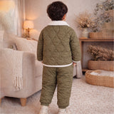 2 Pcs Brown Quilted Puffer Winter Jacket with Pants Co-ords set for Kids