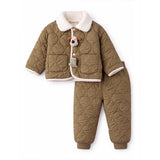 2 Pcs Brown Quilted Puffer Winter Jacket with Pants Co-ords set for Kids