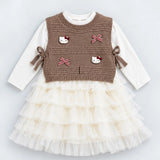 LSB Brown Kitty Knitted Vest & White-Ivory Ruffle Frock Winterwear 2 Pcs Set for Girls