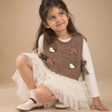 LSB Brown Kitty Knitted Vest & White-Ivory Ruffle Frock Winterwear 2 Pcs Set for Girls