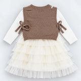 LSB Brown Kitty Knitted Vest & White-Ivory Ruffle Frock Winterwear 2 Pcs Set for Girls