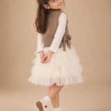 LSB Brown Kitty Knitted Vest & White-Ivory Ruffle Frock Winterwear 2 Pcs Set for Girls