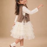 LSB Brown Kitty Knitted Vest & White-Ivory Ruffle Frock Winterwear 2 Pcs Set for Girls