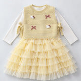 LSB Light Green Kitty Knitted Vest & White-Yellow Ruffle Frock Winterwear 2 Pcs Set for Girls
