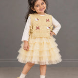 LSB Light Green Kitty Knitted Vest & White-Yellow Ruffle Frock Winterwear 2 Pcs Set for Girls