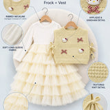 LSB Light Green Kitty Knitted Vest & White-Yellow Ruffle Frock Winterwear 2 Pcs Set for Girls